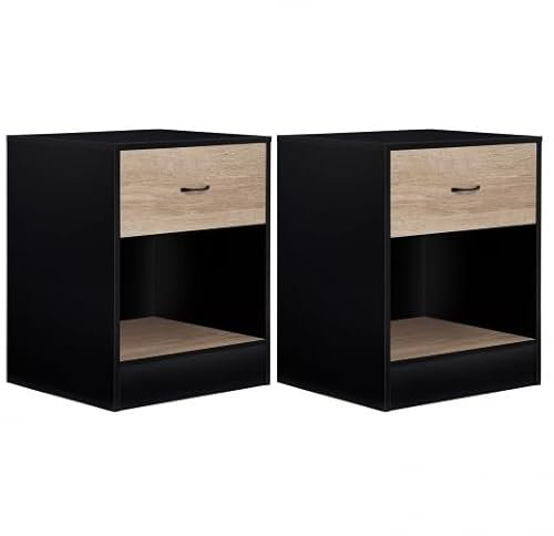 IDMarket - Lot de 2 Tables de Chevet Olga 1 tiroir avec Niche Bois Noir et tiroir façon hêtre