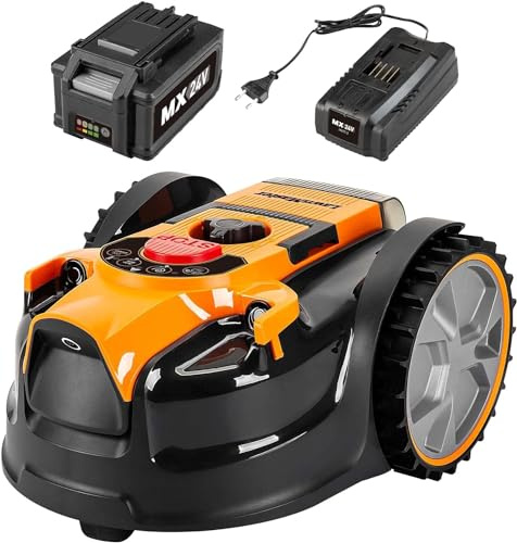 LawnMaster, VBRM16 Robot da giardino tagliaerba rotondo, taglio di 20-60 mm, con batteria agli ioni di litio MX 24 V, 4,0 Ah e caricatore rapido