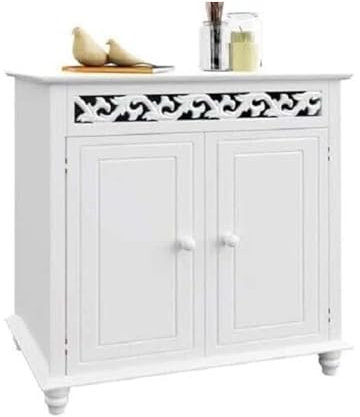 PREMZO Carved Sideboard Wood MDF Cabinet With 2 Doors Freestanding Cupboard For Living Room Bedroom Bathroom Hallway House Storage Space Saving Vintage Unit, White, 76 x 65 x 35 cm