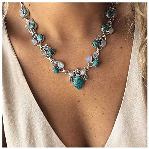 Cimenexe Bohemian Türkis Choker Halskette Wassertropfen Türkis Anhänger Halskette Teardrop Mondstein Halskette Choker Silber Kristall Halskette Kette Blau Naturstein Halskette Schmuck Für Frauen