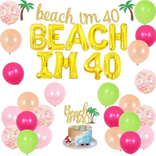 Sursurprise Beach 40th Birthday Party Decorations, Beach I’m 40 Banner Cake Topper, Flamingo Palm Tree Balloons, Hawaiian Tropical Summer Aloha Garden 40 Year Old Birthday Party Supplies for Women