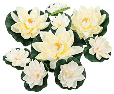 Veemoon 9stücke Künstliche Lotusblumen Weiß Künstliche Seerosenblätter Lotus Ornament Für Tisch Dekoration Wohnzimmer Teich Blume