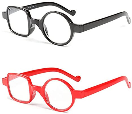 Kodilin Occhiali da Lettura Rotondi e Quadrati per Uomo e Donne, 2 Pezzi, Anti Luce Blu per Computer o Gaming, Cerniera a Molla (Nero+Rosso, 1.5)