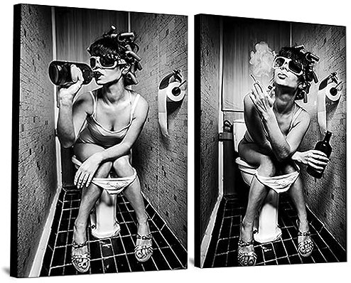 WADBTP Moderne Schwarz-Weiß Bilder - Mode Frauen Lustige Deko für Wohnzimmer, Badezimmer, Schlafzimmer - Rahmenlos (2pcs-HB2, 2pcs-40x60cm)
