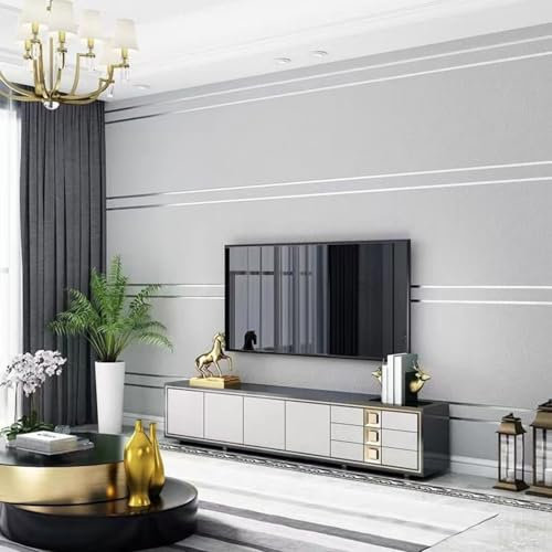 Mwpqbd Deerskin Velvet high-end 3D Wallpaper Nordic Geometric Lines Modern Simple Living Room Lighting Luxury Background Wall Non-Woven Peel Stick Wallpaper (9.5M Silver Gray Aluminum foil Plate)