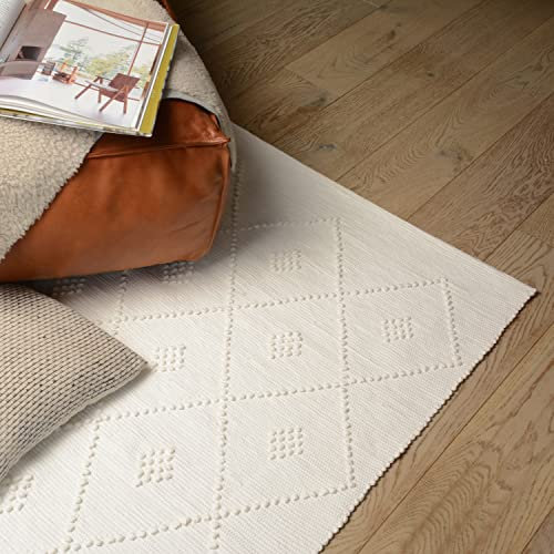 Proheeder Alfombra hecha a mano, hecha de 100 % algodón reciclado, reversible y lavable, para dormitorio, guardería, cocina, sala de estar, decoración (140 x 70 cm, diamante blanco)