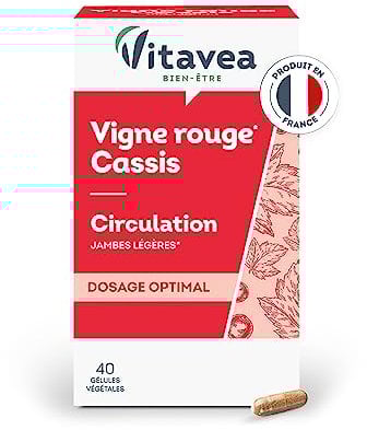 VITAVEA BIEN-ETRE - Complément Alimentaire Circulation - Vigne Rouge, Cassis - Jambes Légères et Circulation Veineuse - 40 gélules - Cure 40 jours - Fabriqué en France