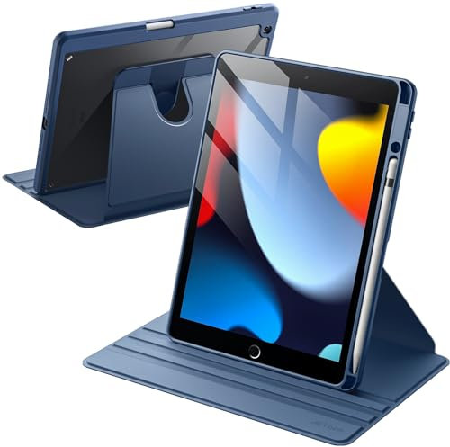 JETech Rotating Case for iPad 9/8/7 (10.2-Inch, 2021/2020/2019 Model, 9th/8th/7th Generation) with Pencil Holder, 360 Degree Rotation Stand Cover Clear Back, Auto Wake/Sleep (Navy)
