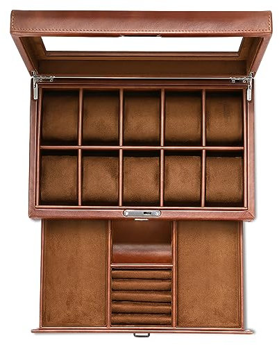 HELMDY Leder Uhrenbox mit Schublade-10 Schlitze Verriegelung Schmuck Uhren Halter für Männer-Luxus-Uhrenkasten Display Organizer-2 Tier Organizer Uhr Vitrine-Aufbewahrung Fall