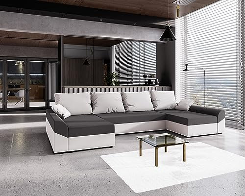 ALTDECOR Ecksofa in U-Form mit Schlaffunktion und Bettkasten Corner Sofa Bett Eckcouch Couch L-Form Schlafcouch Ausziehbar Wohnlandschaft Schlafsofa Cauchsofa - DENVI-U - 310x140x90cm Dunkelgrau/Weiß