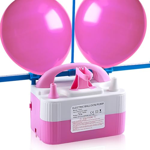 Electric Balloon Pump with Sizer, 110V 600W Balloon Blower Inflator Dual Nozzle Air Pump Balloons Inflator for Decoration, Arch, Balloon Column Stand, Party(White and Pink)