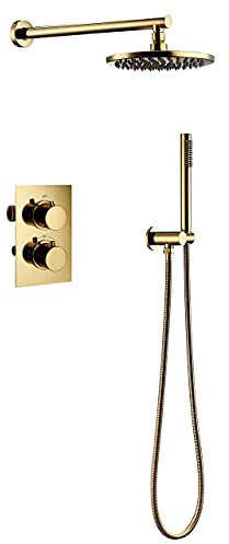 Duschsystem-Thermostat-Set, modernes Messing-Gold-Duscharmatur-System-Mischer-Set Unterputz-Wasserhahn-Mischventil-Duschsystem-Set mit Duschkopf und Brauseschlauch, 20,3 cm (25,4 cm)