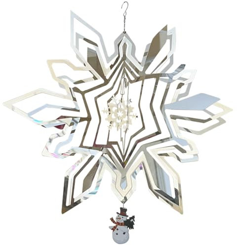 Licinwing 30,5 cm silberne Schneeflocke Windspiel 3D Edelstahl Weihnachtsdekoration verspiegeltes Windspiel mit 360° drehbarem Haken hängende Ornamente für Garten Hof draußen Geschenk