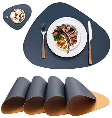 Platzsets Platzdeckchen Abwaschbar Rund,Tischsets rutschfest,Teller Untersetzer Rund,Tischset Lederoptik,Doppelseitigen Platzset und Untersetzer Teller 6er Set Oval(Blau&Gelb)
