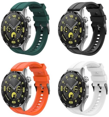 TiMOVO Cinturino da 22mm Compatibile con Huawei Watch GT4 46mm/GT3/GT3 Pro 46mm/Watch 4/4 Pro/3/3 Pro/GT 46mm/GT2/GT2 Pro/GT2e,4 Pezzi Sportivo in Silicone Braccialetto,Nero+Arancio+Verde Scuro+Bianco