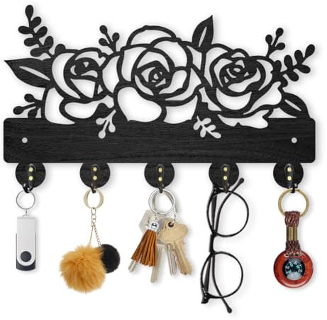MAYJOYDIY Porte Clés Mural en Bois en forme de fleur de rose 30 x 17.8 cm pour clés murales avec 5 crochets en métal, crochets en bois pour entrée, porte, décoration d'intérieur