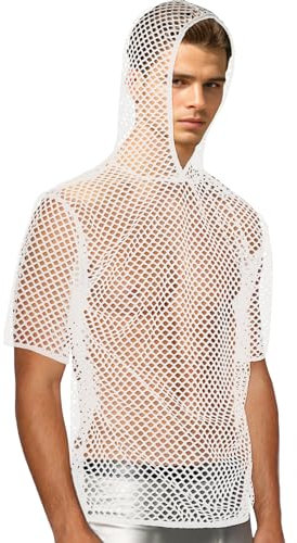 Hombres de Rejilla de Manga Corta Camiseta de Rejilla de Malla Suelta con Capucha de Malla Muscular Transpirable Tank Top para Clubwear Disco Night Ball Blanco Talla S