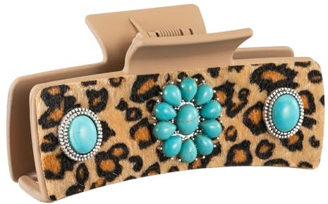 Pinzas para el pelo con diseño de leopardo y flores occidentales, 10,4 cm, color marrón vaquero, de piel de vaca, regalo para mujeres y niñas (leopardo)