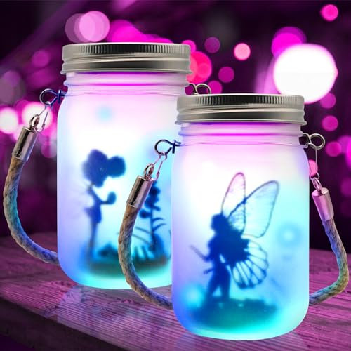 GAROMIA Solarlampen für Außen Garten 2 Stück Einmachglas Solarleuchte Schmetterlingsfee Solarlaterne Mason Solar Licht Hängend Wetterfest Gartenleuchte Hängend Solar Solarlampen für Garten