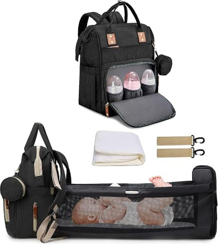 Fexkean Wickeltasche Rucksack Baby Wickelrucksäcke Reisewindeltasche mit faltbarem Kinderbett mit Multifunktions Babytaschen Wickelauflage Babybettrucksack(All Black)