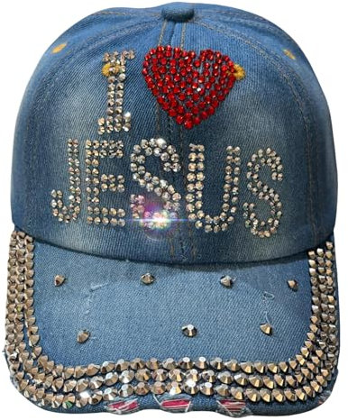 Popfizzy Strass-Baseballkappe für Damen und Mädchen, lustige Bedazzled-Hüte, niedlicher Bling Denim und Diamant-Hut, funkelnde Geschenke, I Love Jesus (Light Blue Denim), Einheitsgröße