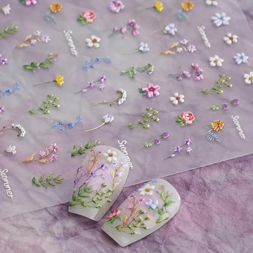 Kabwea Nagelsticker Blumen für Nail Art, Flower Nail Art Stickers Summer Floral Leaf Plant 5D Embossed, Nagelsticker, Nail sticker, Nailart, Nageldesign