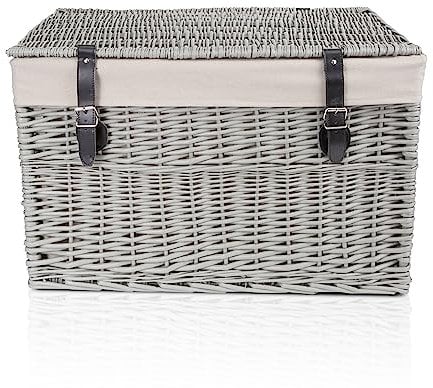 Wickerfield Large Home Storage Basket Trunk Chest Hamper with Lid and Cotton Liner (Grey, Extra Large)