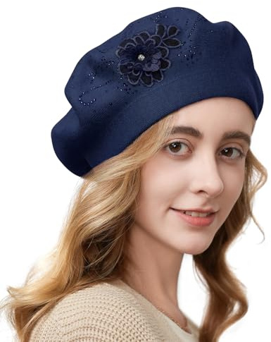 Gajaous Blumenstickerei Baskenmütze für Damen, Französische Stil Strickbaskenmützen, Stilvolle Unifarbe Baskenmütze für Frauen Damen