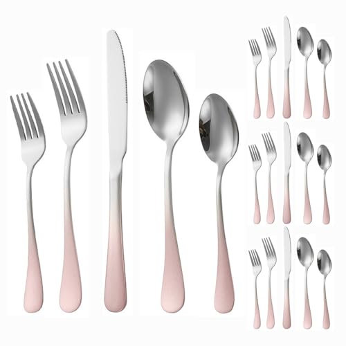 Thickened Gradient Color Handle Kitchen Stainless Steel Silverware Tableware Flatware Cutlery Set Steak Knife Fork Spoon Teaspoon (Gradient pink silver,20 pieces)