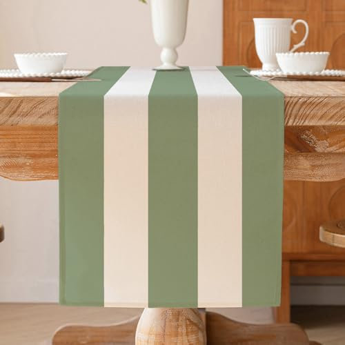 ViaElayu Tischläufer Modern Gestreift Grün Weiß Abwaschbar Winter Landhausstil Frühling Küche Tisch Läufer Wohnzimmertisch Dekoration Outdoor Party Dekor 40 x 140 cm