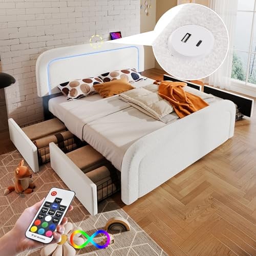 Letto Matrimoniale 140x200 cm con Contenitore, LED e USB Type C - Una Piazza e Mezza con Testiera, 4 Cassetti e Rete a Doghe - Struttura con Contenitore
