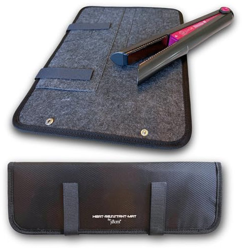 j&m - Tappetino per piastra per capelli e custodia, resistente al calore, compatibile con ghd, BaByliss e piastre più grandi, custodia da viaggio compatta con cerniera (nuovo: tappetino in feltro XL)