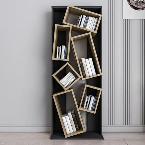 Stylish Bookshelf, Black & Oak, 63 x 153.6 x 24 cm | 100% Melamine Coated Particle Board, 18 mm Thick | Perfect for Modern Home & Office Decor