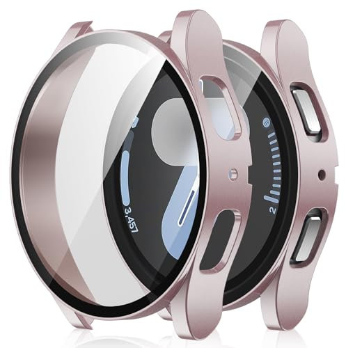 Amizee 2 Pièces Coque Compatible avec Samsung Galaxy Watch 7 44mm avec Protection Écran, Ultra Mince Étui Dur de Anti-Rayures Verre Trempé Écran Coque pour Galaxy Watch 7 (Or Rose/Clair)
