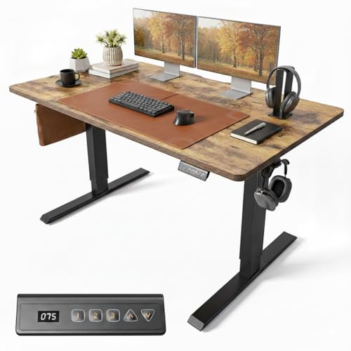 Cubiker Electric Standing Desk 140 x 70 cm, Height Adjustable Sit Stand Desk with Memory Presets, Home Office Computer Desk, Black Frame with Vintage Brown Top