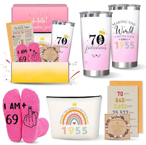 Zyphoria 70th Birthday Gifts for Women, 70 1955 Year Old Gift for Woman, Cool Happy Birthdays Decorations Presents Basket for Ladies Turning-70, Funny 70 & Fabulous Tumblers for Her Mom Grandma Aunt