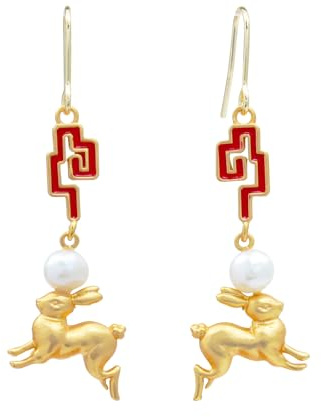 Chinesische Wolkenmuster mit Sprunghase Ohrringe, 14K vergoldetes Kupfer, 925 Silberstift, Perlen, traditionelles Design, Glücksbringer für Frauen