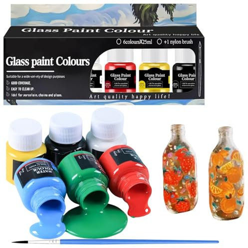 6pcs Glass Paints for Glass Painting,Glass painting Kit,Stained Glass Paint with Gl/ass Paint Pen,Craft Porcelain Pai/nt,Bright Colors,Strong Covering Power for Ceramic, gl/ass,Rock Pa/inting,Window