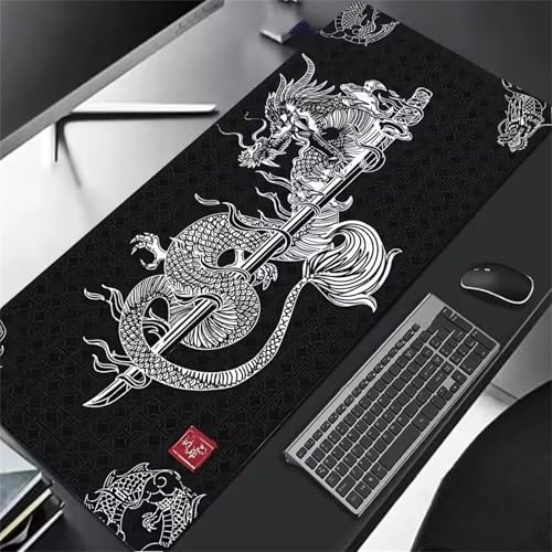 Tapis de Souris Gaming XXL Mouse Pad 900x400x3 mm Tapis de Bureau Grande Taille avec Coutures sur Les Bords Grand Tapis de Souris pour Gamer, Ordinateur, PC (Dragon Noir et Blanc)
