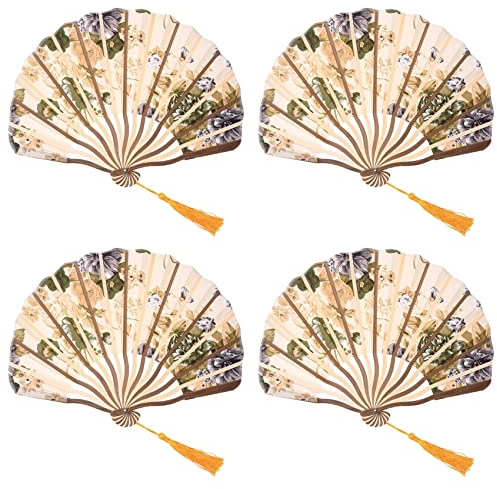 Blmirror 4X Classic Style Peony Flower Fabric Bamboo Folding Dance Hand Fan Beige
