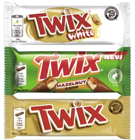 Twix Doppelriegel Mix I 2428g I 3 Sorten I 30 Packungen I Haselnuss 10x46g I White 10x46g I Original 10x50g I Schokoriegel I Schokoladenriegel I Riegel I Schokolade