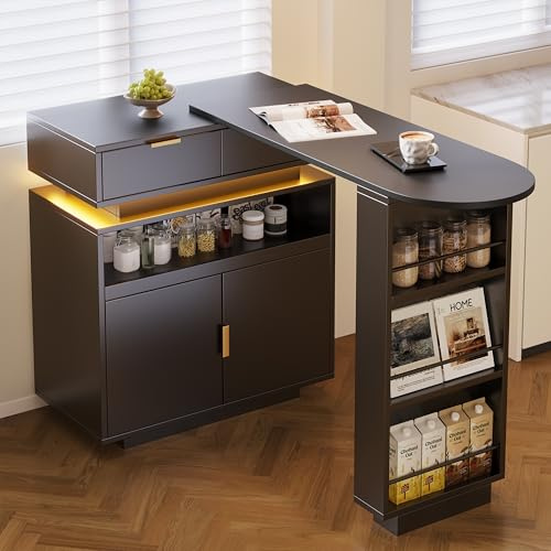 Mesa de bar extensible (115 – 183 × 40 × 99,5 cm), isla de cocina extensible, mesa de bar con espacio de almacenamiento, iluminación LED, función giratoria de 360°, barra de café móvil, adecuada para