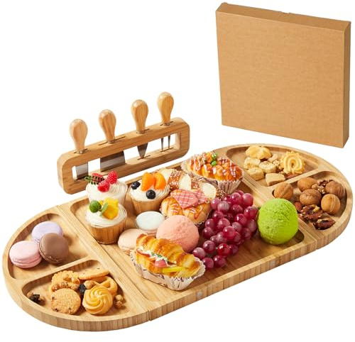 Bamboo Cheese Board Set, 60 * 30cm Extra Large Wooden Charcuterie Board | 3 Part Magnetic Long & Round Boards with Knive Set, Splice Serving Boards for Entertaining, Beautiful Personized Gift