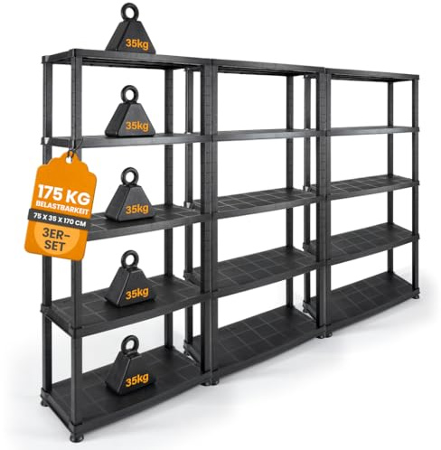 Kreher® Kunststoffregal „Evo“ mit 5 Böden - Steckregal für Haushalt, Keller & Garage - Standregal, Lagerregal & Aufbewahrungsregal - Schwarz oder Grau - Set auswählbar (Schwarz, 3)