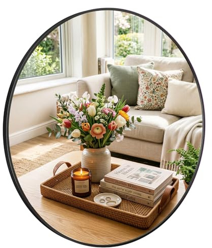 Dripex Rund Wandspiegel 80cm mit Aluminiumrahmen,dekorativer HD Wandspiegel Schminkspiegel für Badzimmer/Ankleidezimmer/Wohnzimmer,unbrechbarer Spiegel (Schwarz)