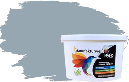 RyFo Colors Bunte Wandfarbe Manufakturweiß Denimgrau 10l - weitere Grau Farbtöne und Größen erhältlich, Deckkraft Klasse 1, Nassabrieb Klasse 1