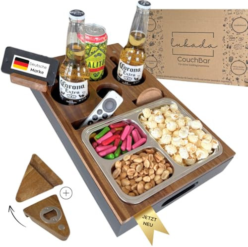 Lukada CouchBar Snackbox | 3 Snackschalen & 4 Getränkehalter | Akazien Holz Sofatablett grau | Sofa Butler Wein & Kaffee | Camping Couch Organizer | Couchbar Snackbar Geschenke für Männer & Frauen