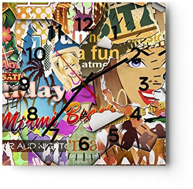 Modern Wanduhr Graffiti modern 40x40cm Quadrat Groß Wand Uhr Glas Analog Zimmeruhren Küche Büro Wohnzimmer Glasuhr Wall Clock Dekoration Design Wanddekoration Küchenuhr C4AC40x40-3622