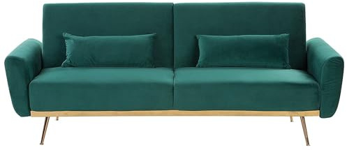 Beliani 3-Sitzer Schlafsofa Samt grün mit Kissen hohe Metallbeine Kupfer Retro-Stil Eina