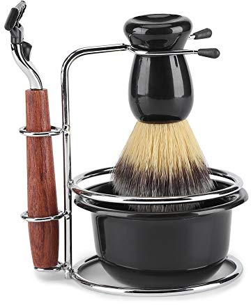 Nikou 4 In 1 Shaving Brush Kit, Rosewood Shaving Kit Manual Razor Stainess Steel Stand Holder Brush Bowl Set, Beard Shaving Kit Perfect for Men's Wet Shaving